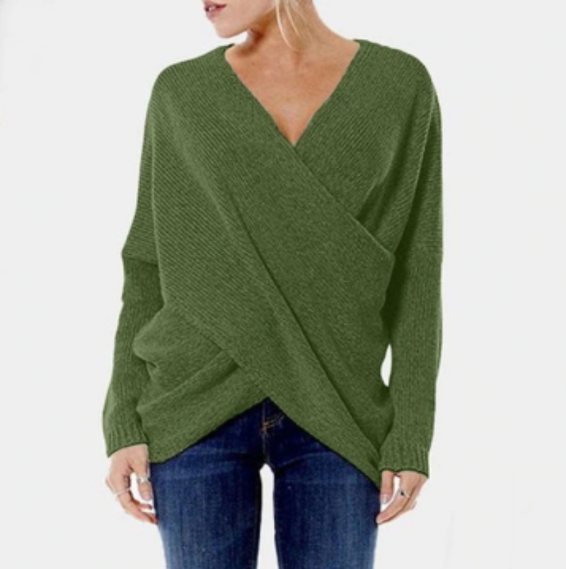 Krohn-e | Strickdamenpullover mit Wickel V-Ausschnitt und Langen Ärmeln