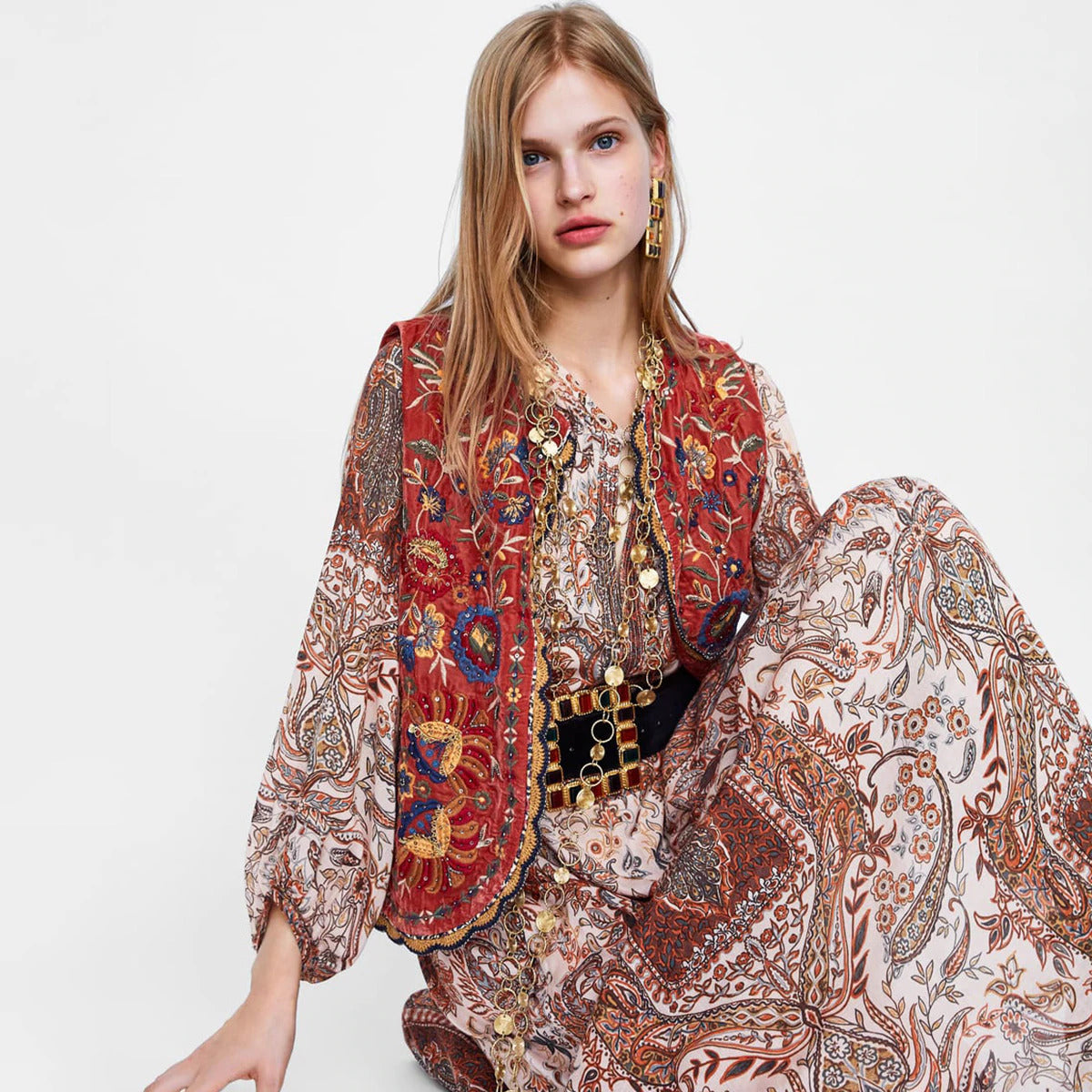 KROHN-E Damen Boho Weste Samt Stickerei Pailletten