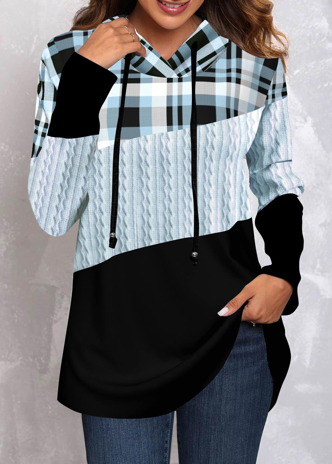 Moderner Damen Kapuzenpullover mit Karomuster und normalen Ärmeln von Fudus
