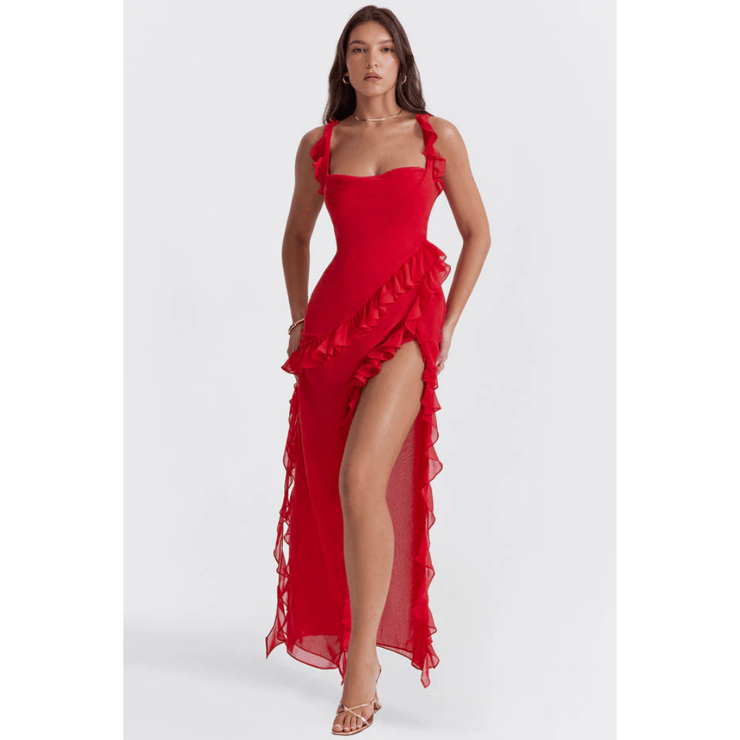 Maxikleid Hadewisa mit Rüschen und Schlitz