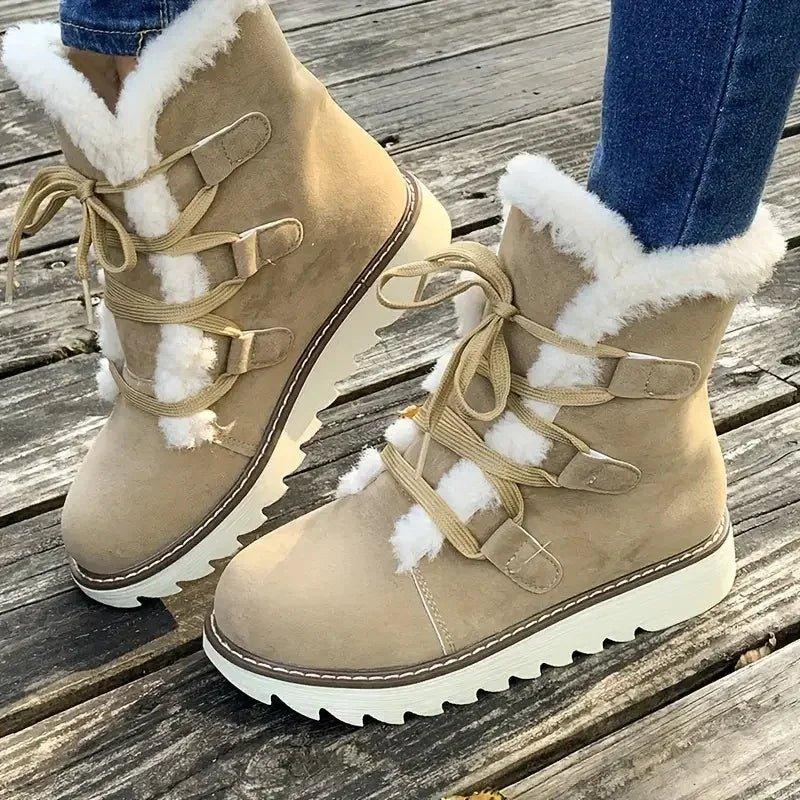 KROHN-E Damen Winterstiefel Plüsch-Futter Schnürung Braun
