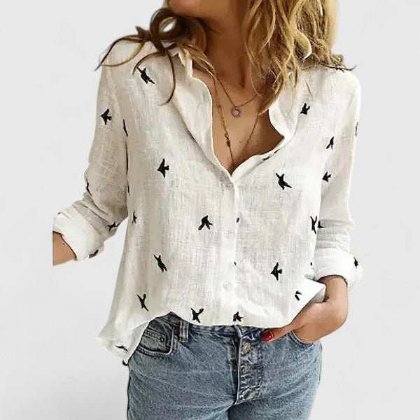 KROHN-E Damen Button-Down Bluse Leinen Wellenförmiger Reverskragen Relaxed-Fit