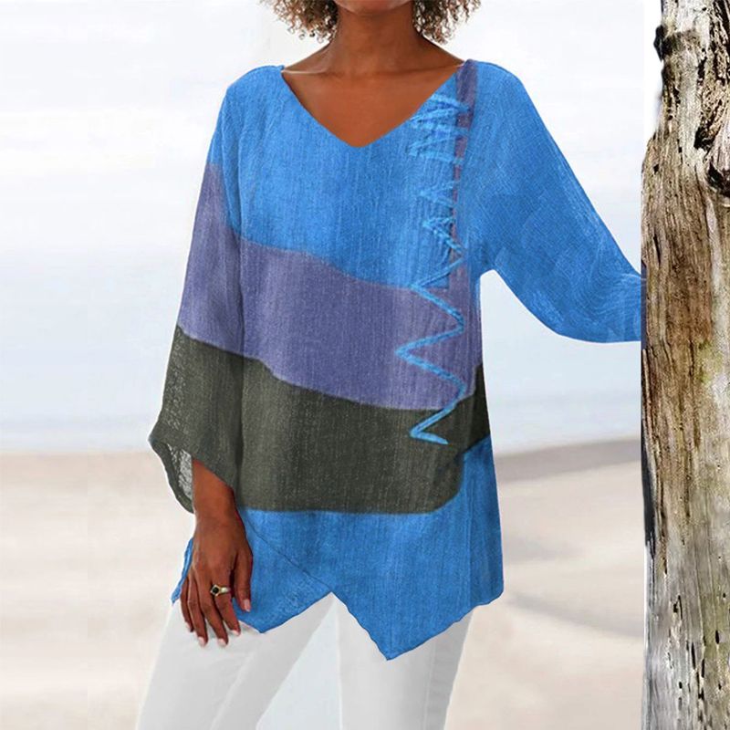 KROHN-E Damen Longbluse V-Ausschnitt Relaxed Fit Pinselstrich-Print