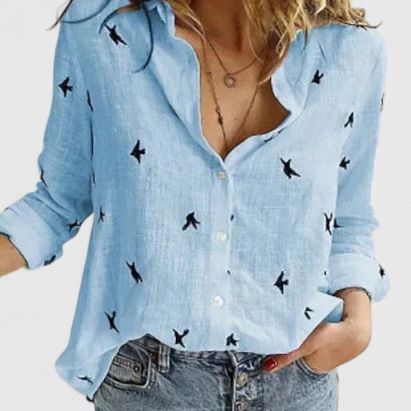 KROHN-E Damen Button-Down Bluse Leinen Wellenförmiger Reverskragen Relaxed-Fit