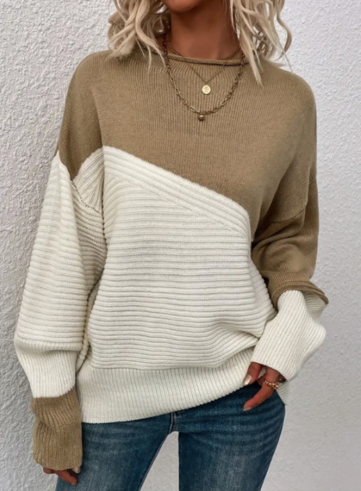Krohn-e | Pullover - Damen Herbst Zweifarbiger Strickpullover