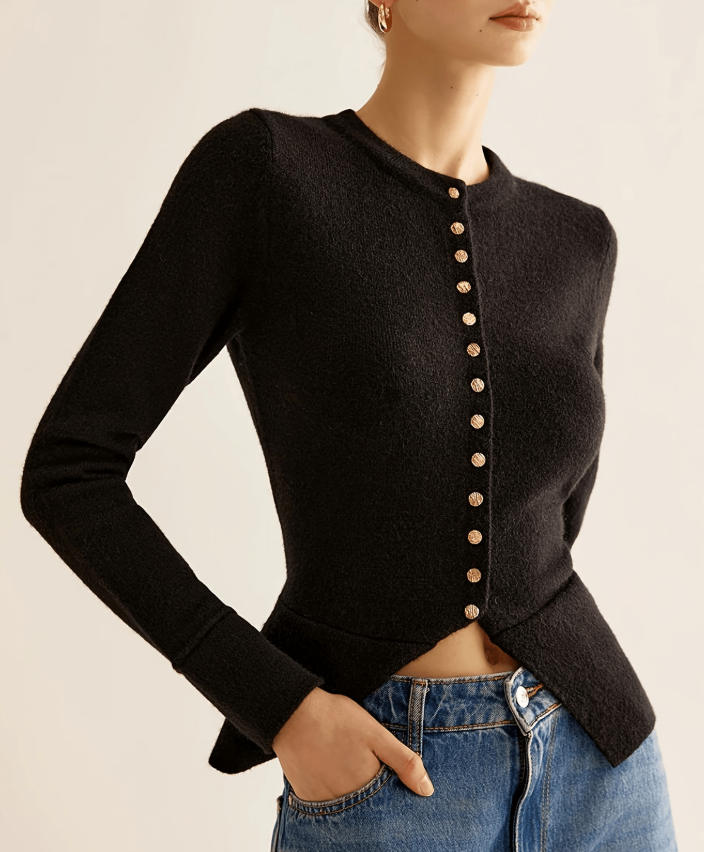 Krohn-e | Cardigan - Frauen Herbst Schwarz Strickjacke mit Knopfleiste