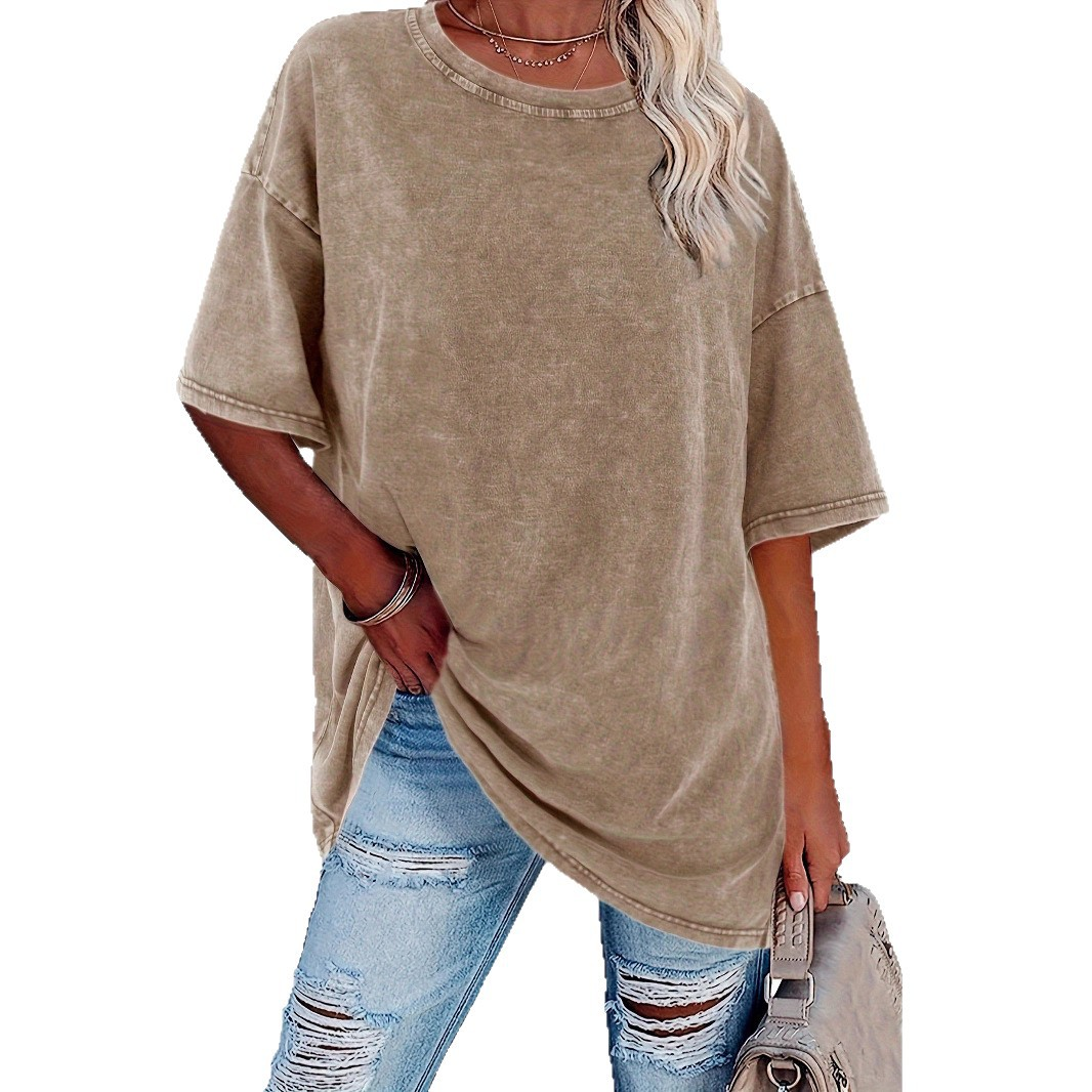 KROHN-E Damen Vintage T-Shirt Oversized-Schnitt Baumwolle Washed-Look Casual