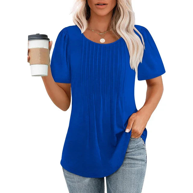 Nina | Damen T-Shirt Rundhals Plissee Kurzarm Elegant