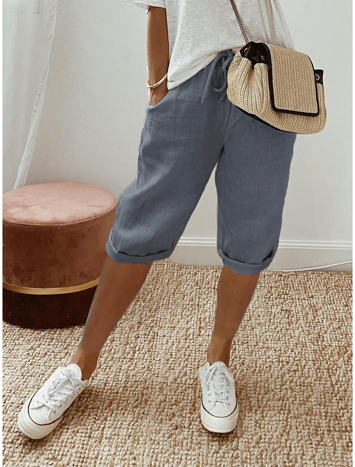 KROHN-E Damen Capri Hose Entspannte Passform Elastikbund Sommer