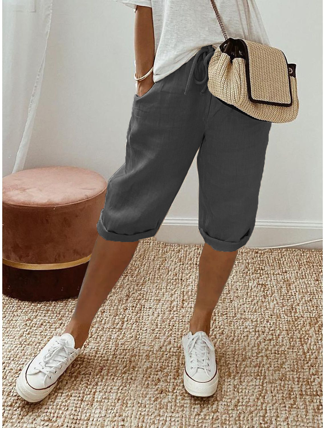 KROHN-E Damen Capri Hose Entspannte Passform Elastikbund Sommer