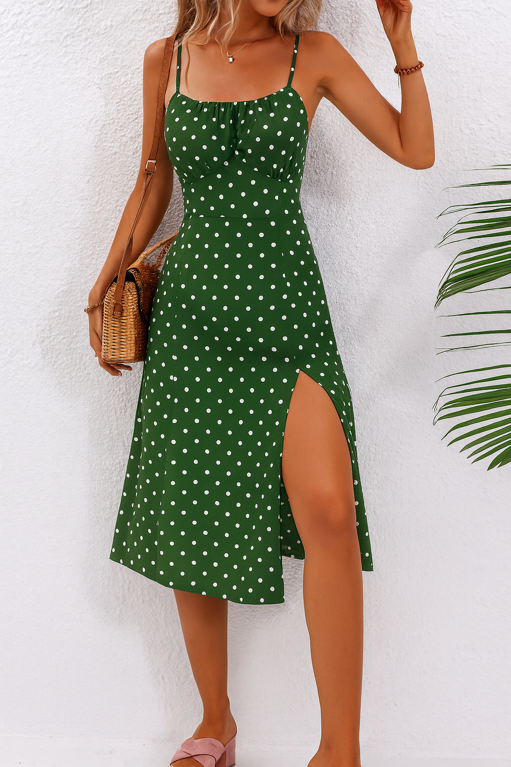 KROHN-E Damen Midi-Kleid Polkadots Ärmellos Schmeichelhaft