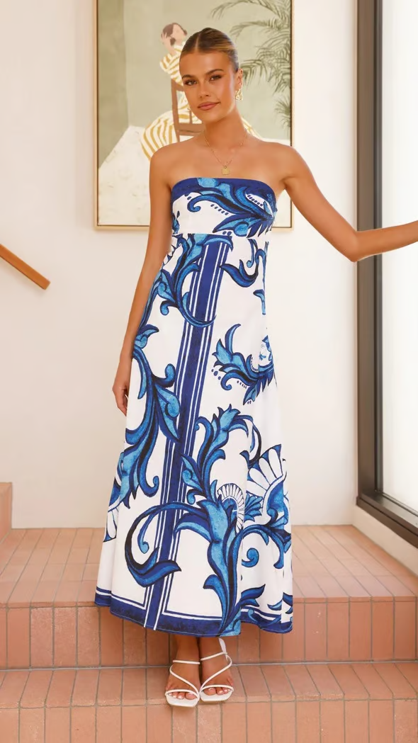 KROHN-E Damen Kleid Bedruckt Fließend Kurzarm Vintage-Stil