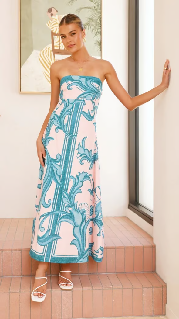 KROHN-E Damen Kleid Bedruckt Fließend Kurzarm Vintage-Stil