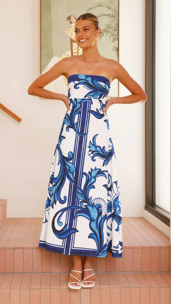 KROHN-E Damen Kleid Bedruckt Fließend Kurzarm