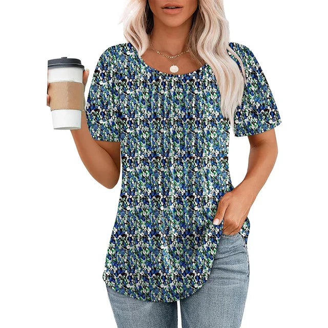 Nina | Damen T-Shirt Rundhals Plissee Kurzarm Elegant