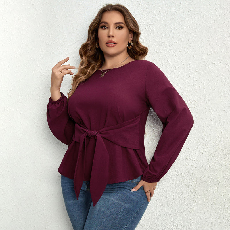 Plus Size Long-Sleeve Top with Waist Tie from Fudus