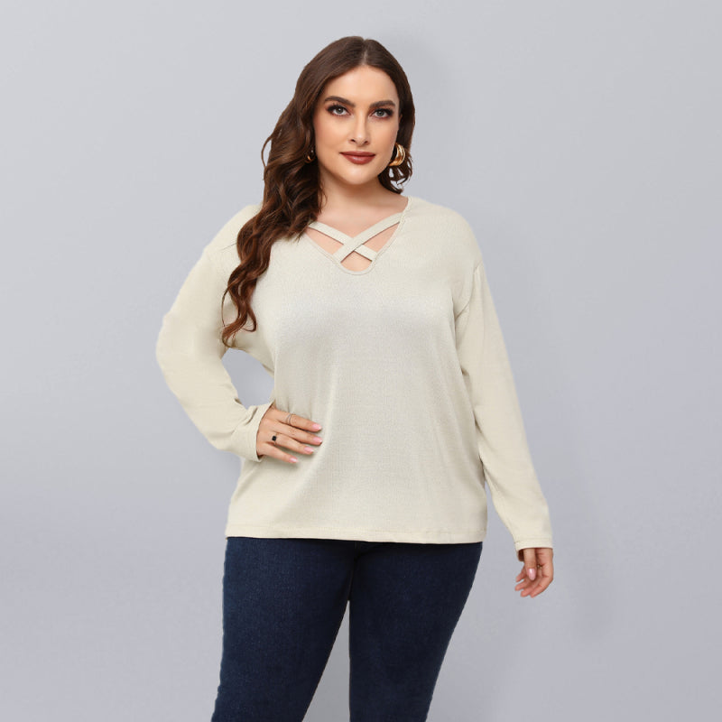 Plus Size Solid Color Criss Cross Neck Blouse by Fudus