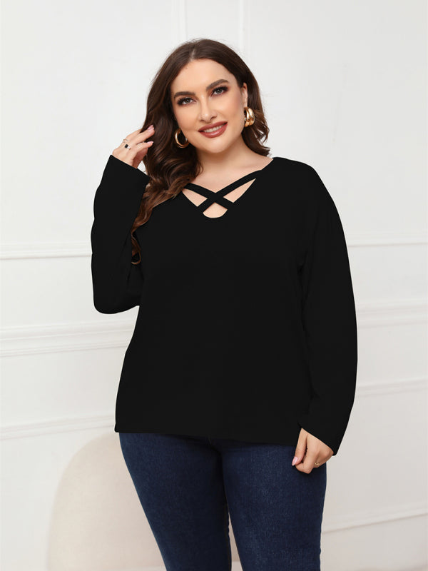 Plus Size Solid Color Criss Cross Neck Blouse by Fudus