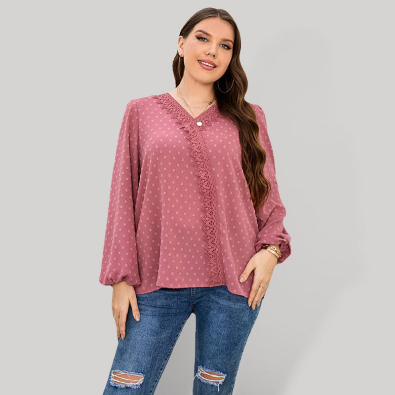 Plus Size Blouse with Swiss Dot and Lace Trim Puff Sleeves