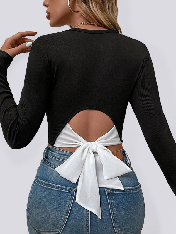 Fudus Gestricktes Cropped Top mit offenem Taillenbereich und langen Ärmeln