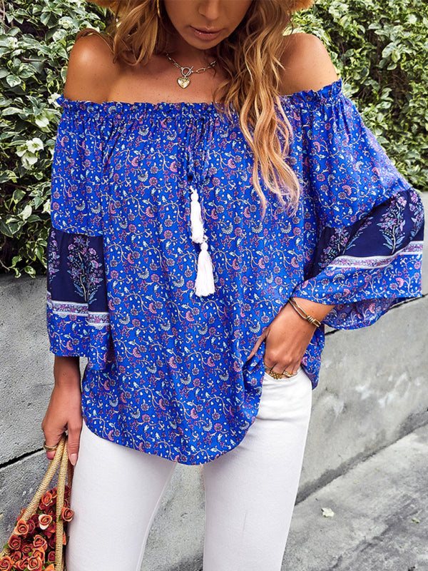 Loose Bohemian Print Off-the-Shoulder Fudus Shirt