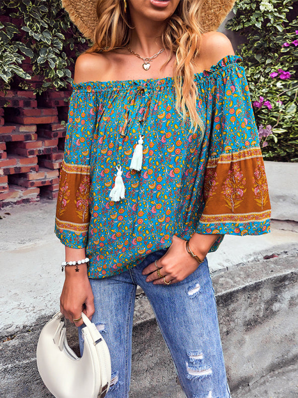 Loose Bohemian Print Off-the-Shoulder Fudus Shirt