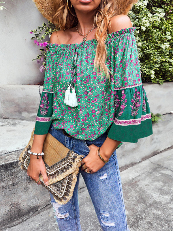 Loose Bohemian Print Off-the-Shoulder Fudus Shirt