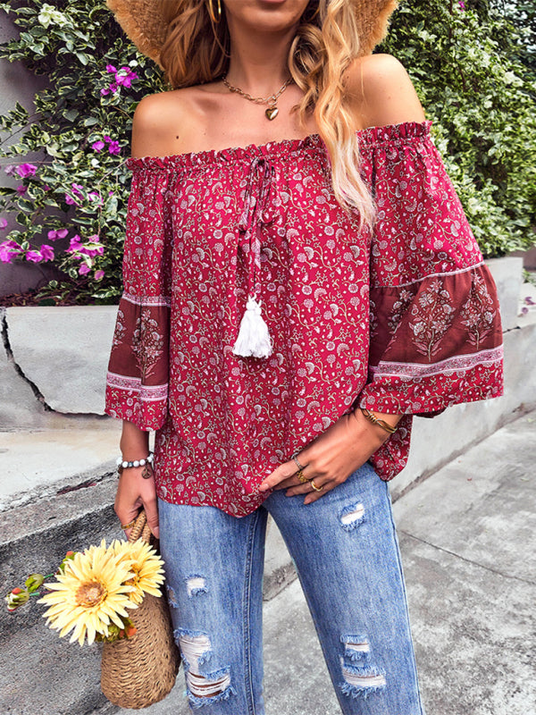 Loose Bohemian Print Off-the-Shoulder Fudus Shirt