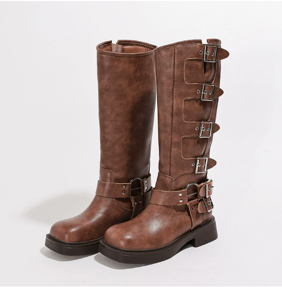 KROHN-E Damen Stiefeletten Braun Blockabsatz Mittelhoch