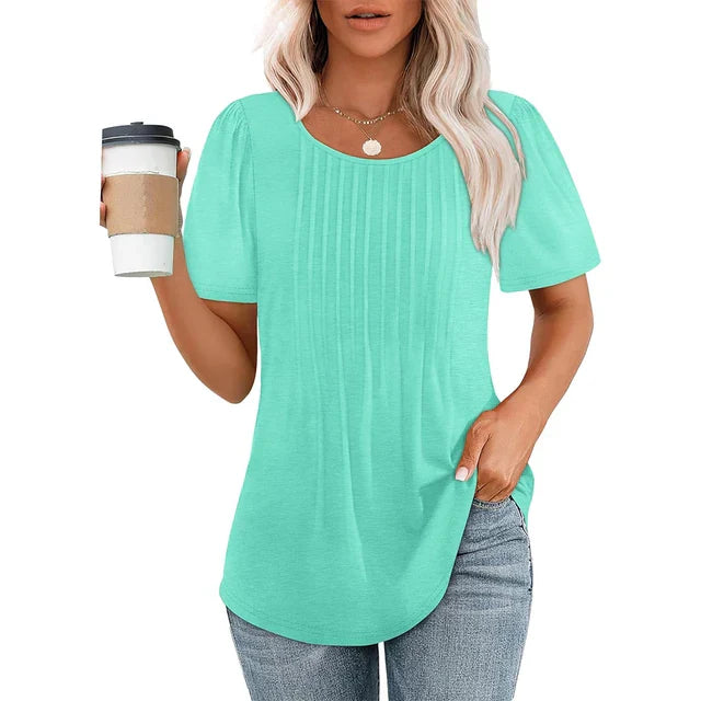 Nina | Damen T-Shirt Rundhals Plissee Kurzarm Elegant
