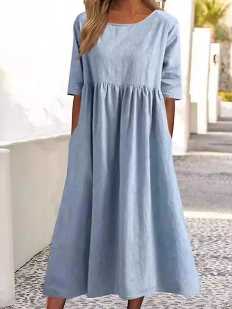 KROHN-E Damen Frühlings-Kleid Fließend Blumenmuster A-Linie