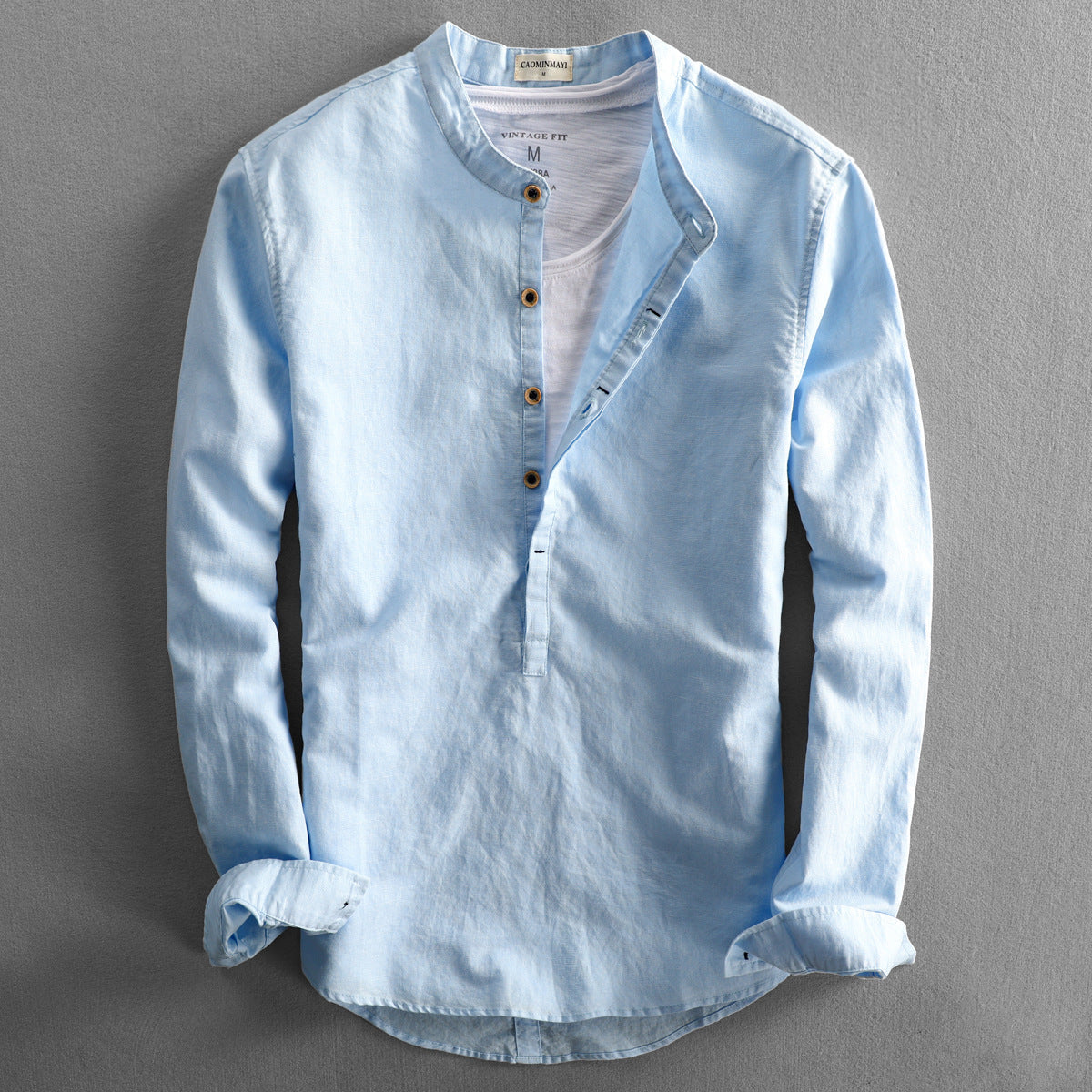Maßgeschneidertes Leinenmisch-Langarmshirt mit Stehkragen, leicht und atmungsaktiv von Fudus