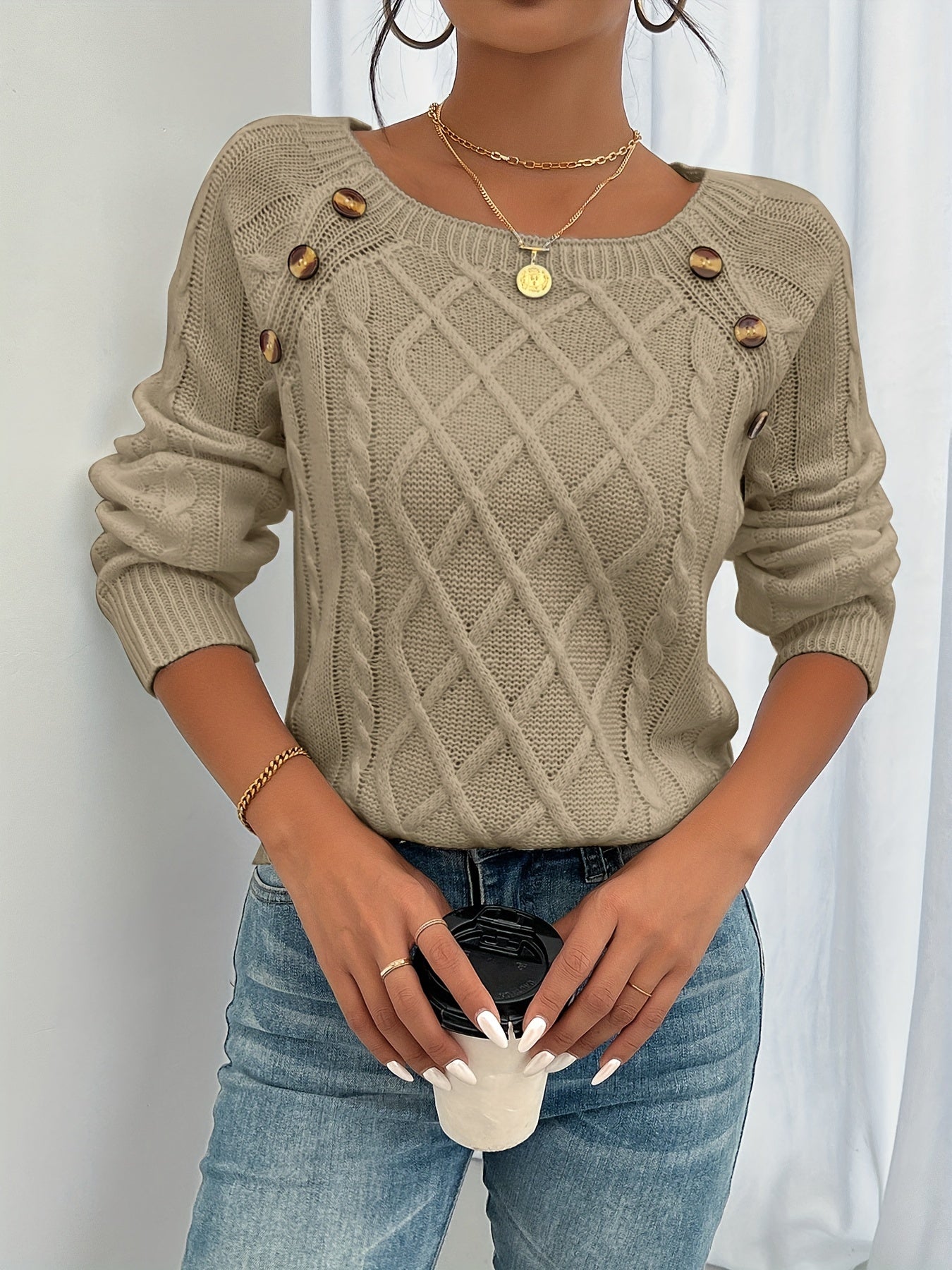 Hanna | Damen pullover Zopfmuster Rundhals Knöpfe