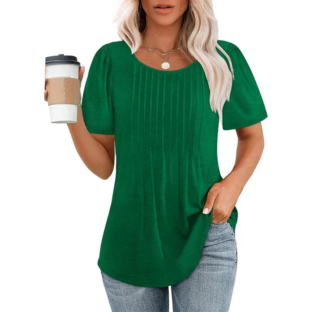 Nina | Damen T-Shirt Rundhals Plissee Kurzarm Elegant