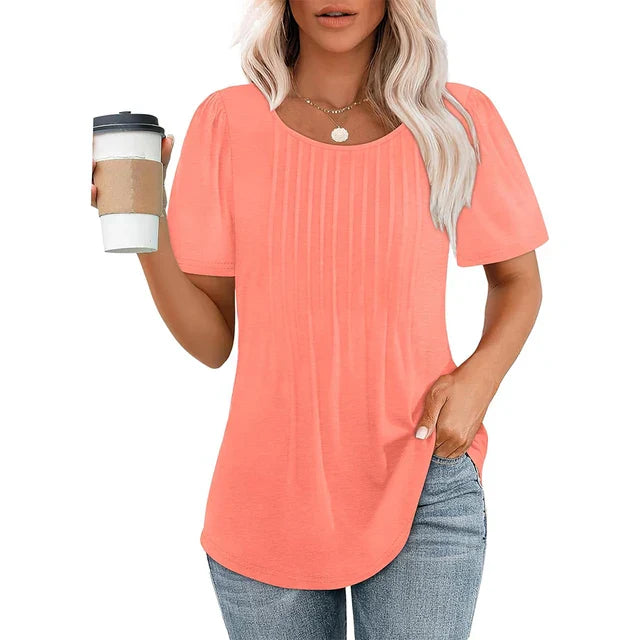 Nina | Damen T-Shirt Rundhals Plissee Kurzarm Elegant