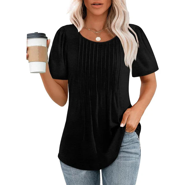 Nina | Damen T-Shirt Rundhals Plissee Kurzarm Elegant
