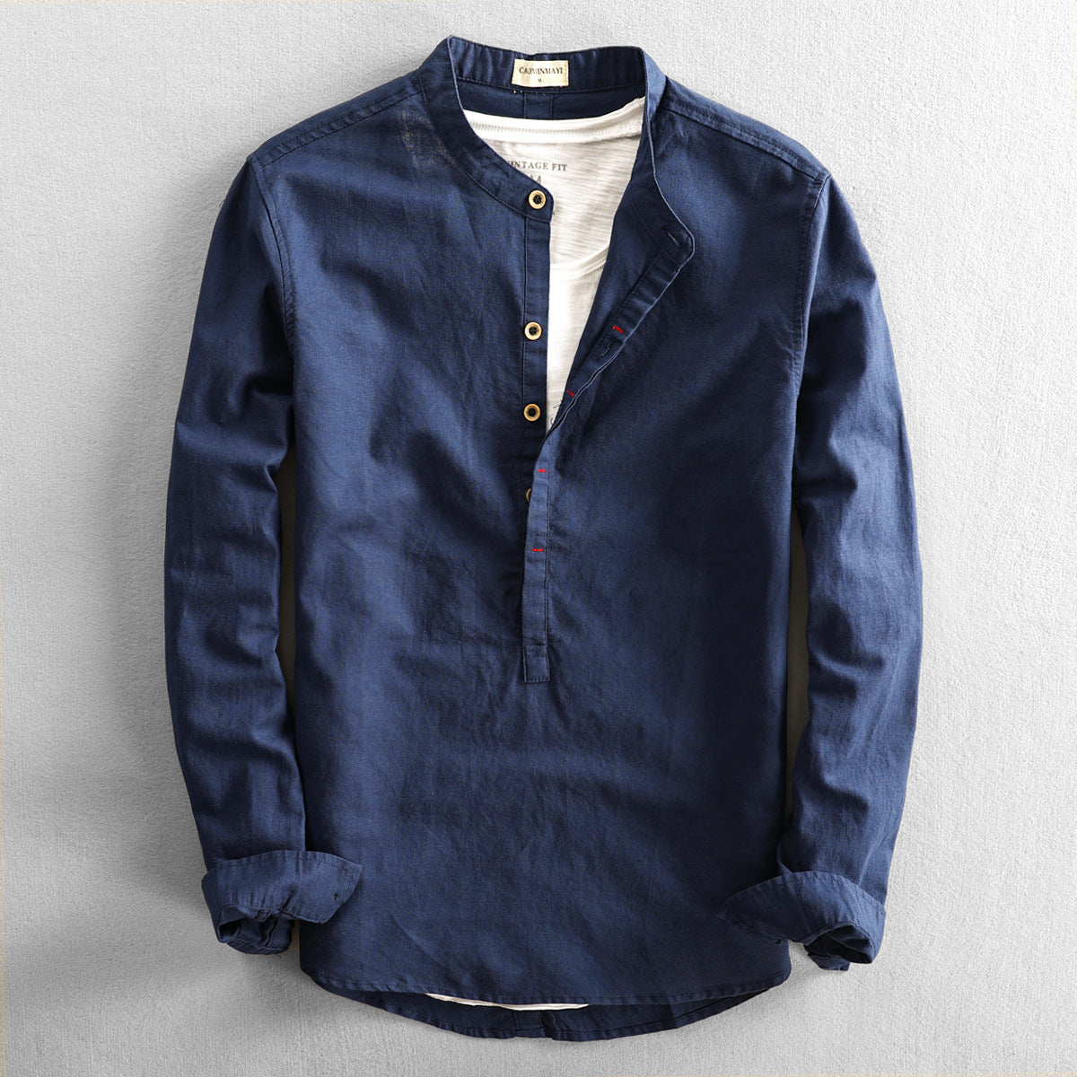 Maßgeschneidertes Leinenmisch-Langarmshirt mit Stehkragen, leicht und atmungsaktiv von Fudus
