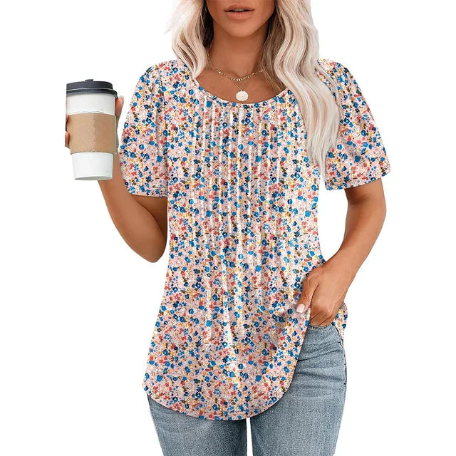 Nina | Damen T-Shirt Rundhals Plissee Kurzarm Elegant