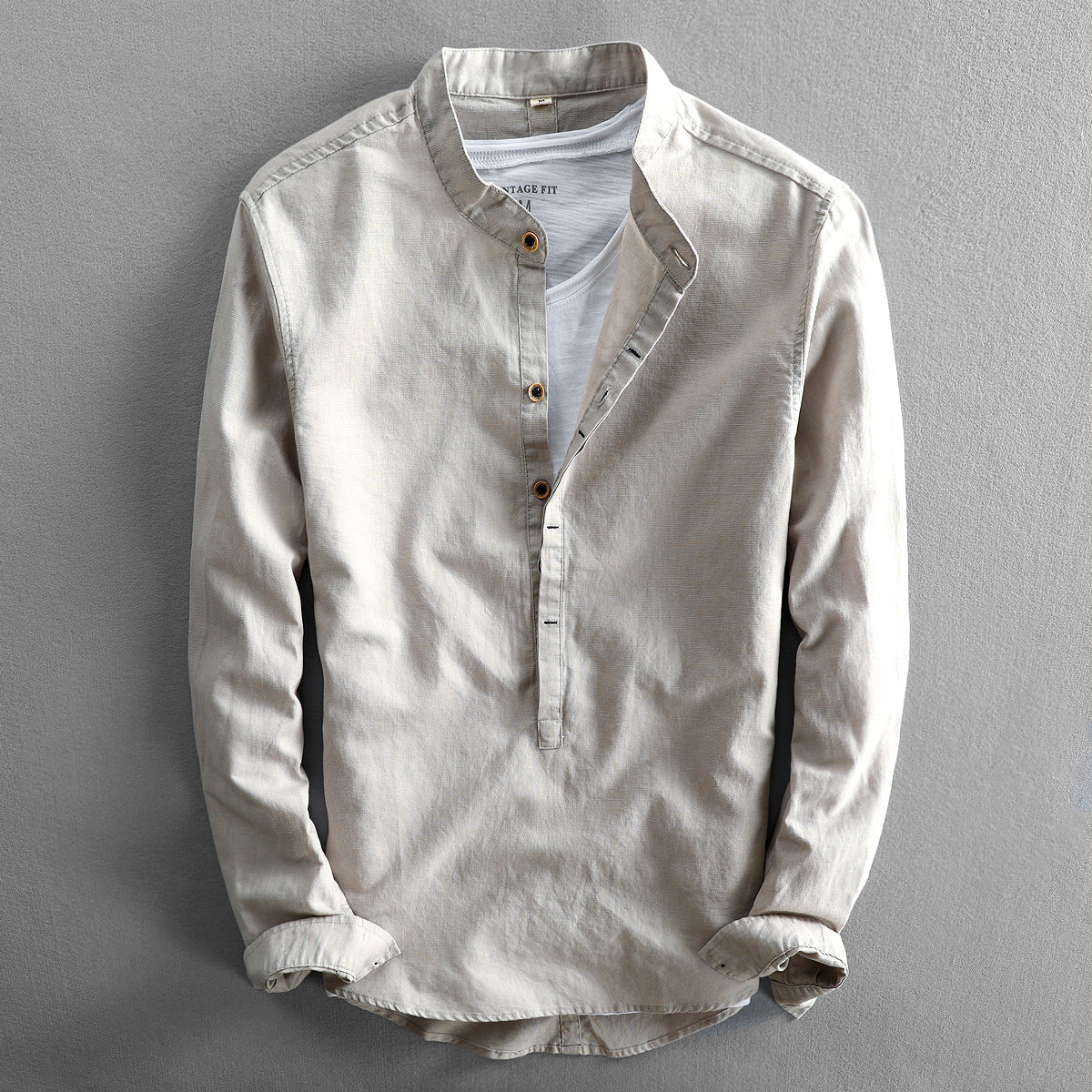 Maßgeschneidertes Leinenmisch-Langarmshirt mit Stehkragen, leicht und atmungsaktiv von Fudus