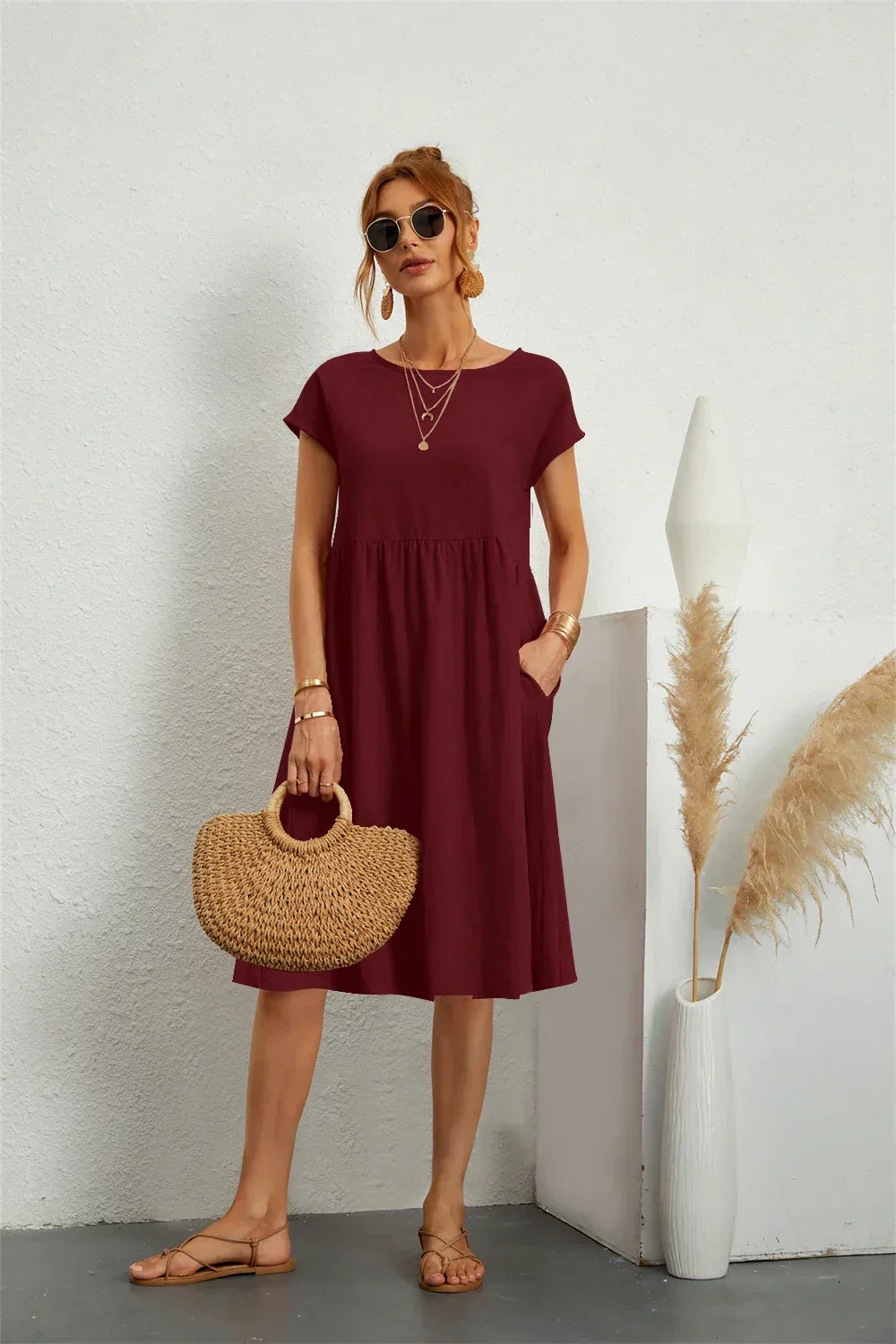 KROHN-E Damen Casual-Kleid Kurze Ärmel Seitentaschen Leichter Stoff Relaxed-Fit