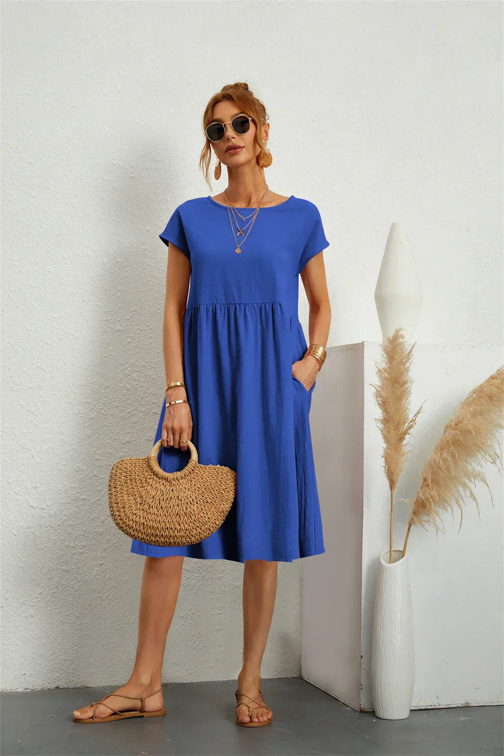 KROHN-E Damen Casual-Kleid Kurze Ärmel Seitentaschen Leichter Stoff Relaxed-Fit