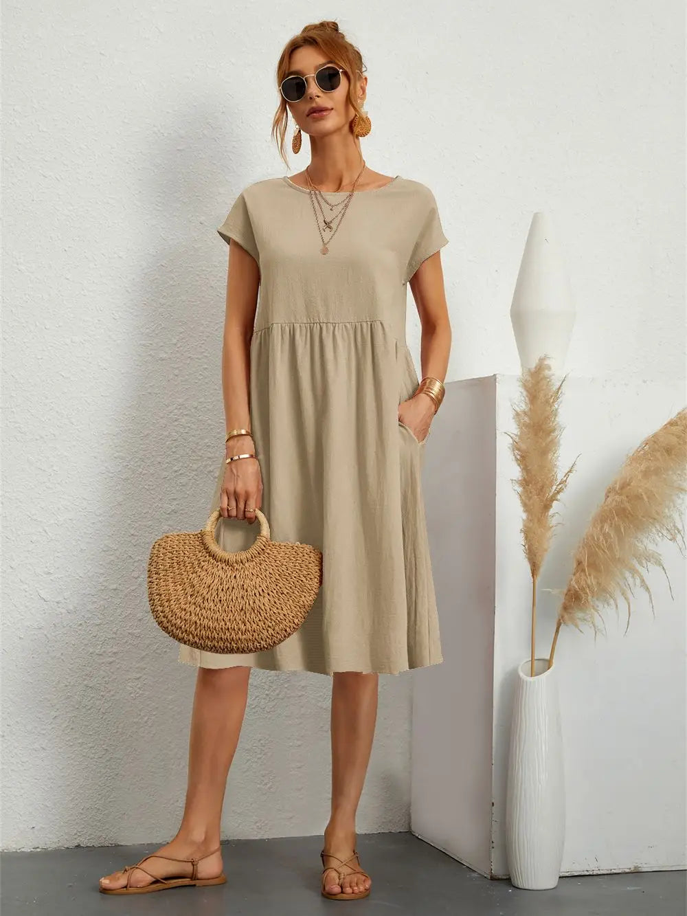 KROHN-E Damen Casual-Kleid Kurze Ärmel Seitentaschen Leichter Stoff Relaxed-Fit