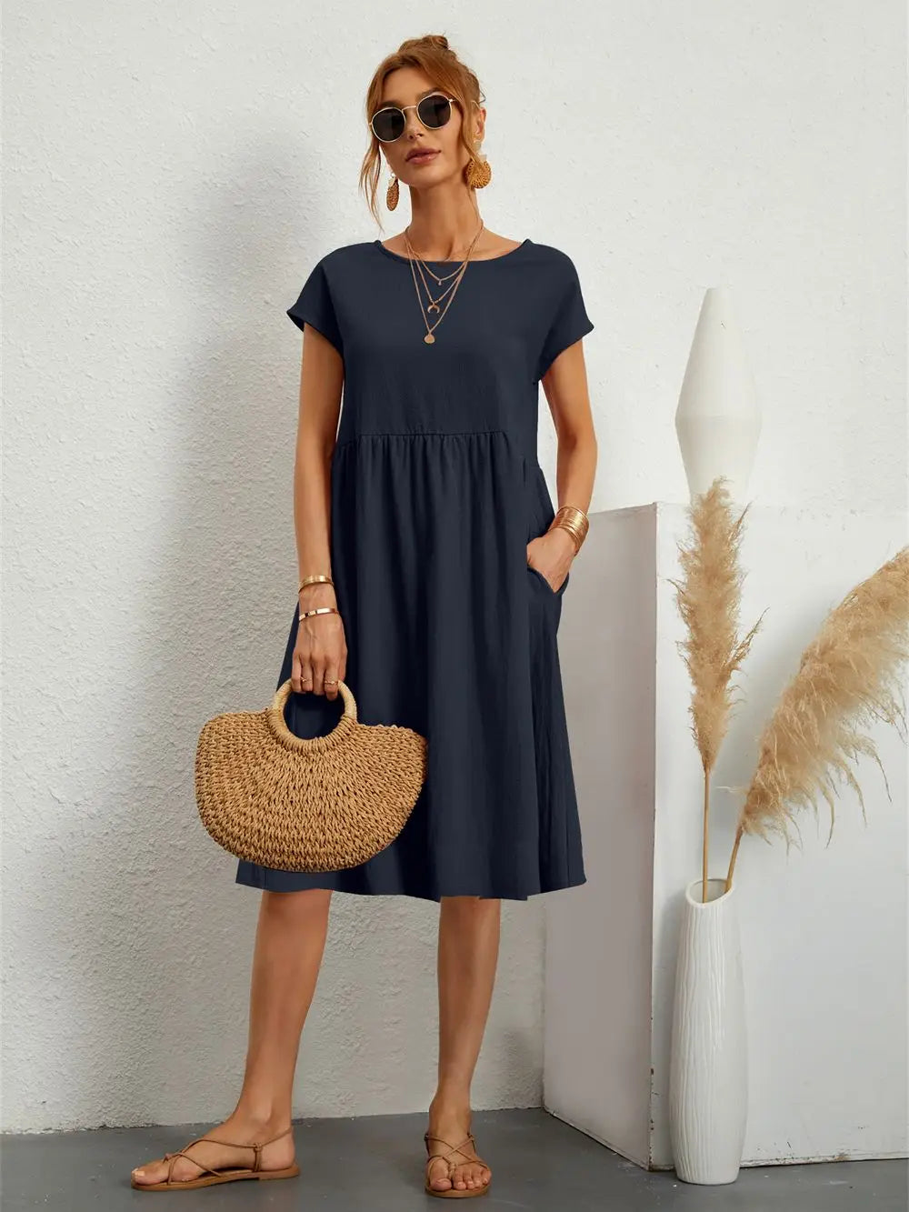 KROHN-E Damen Casual-Kleid Kurze Ärmel Seitentaschen Leichter Stoff Relaxed-Fit