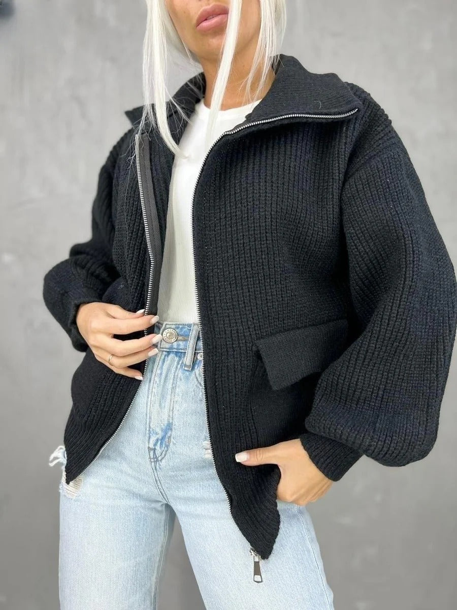 Krohn-e | Cardigan - Entspanntes Fit - Gestrickte Wolle - Reißverschluss - Ripptextur - Klapptaschen