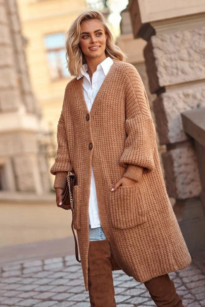 Krohn-e | Strickjacke - Oversized Fit - Wolle - Langes Modell - Knopfschluss - Taschen
