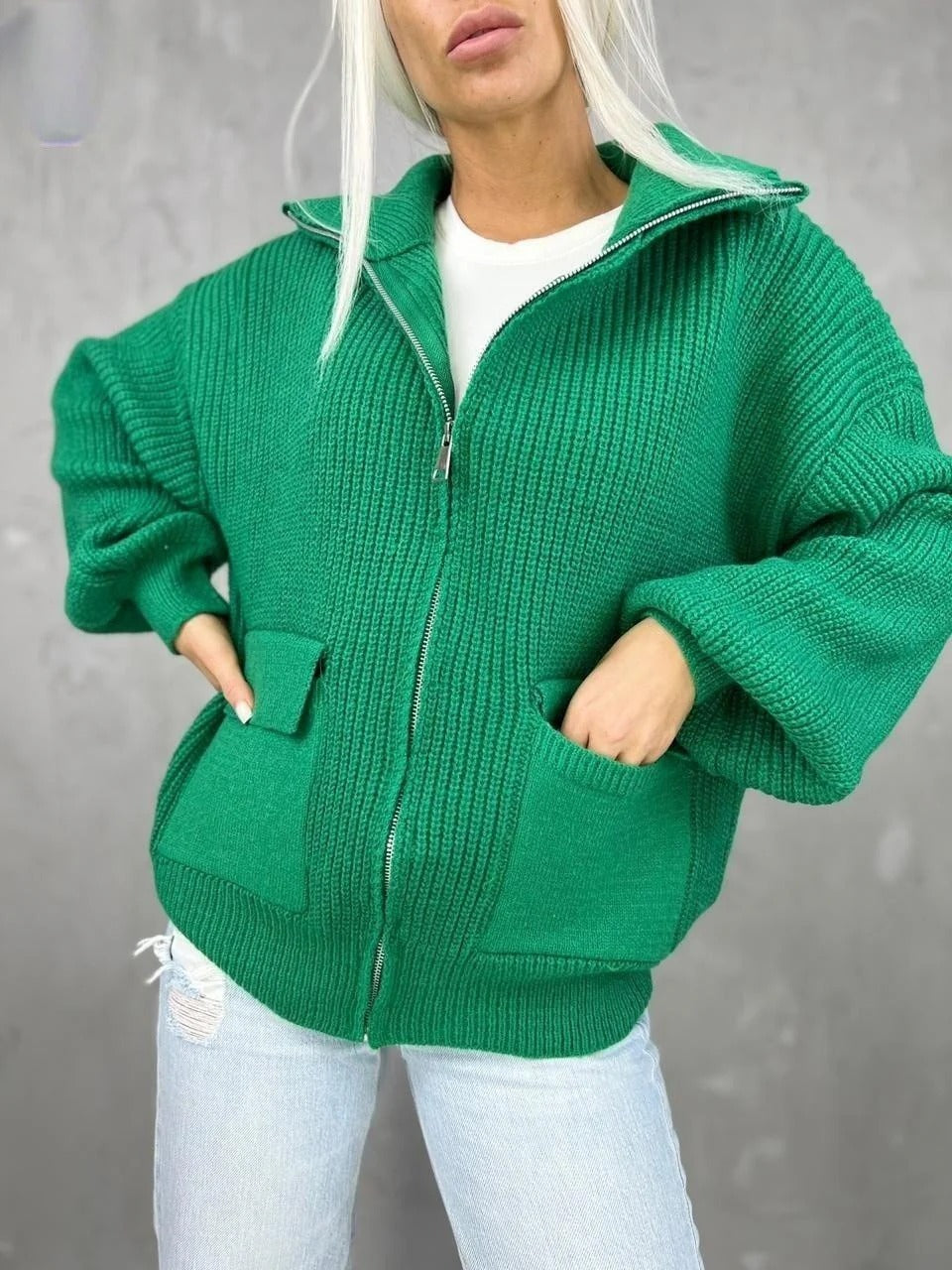 Krohn-e | Cardigan - Entspanntes Fit - Gestrickte Wolle - Reißverschluss - Ripptextur - Klapptaschen