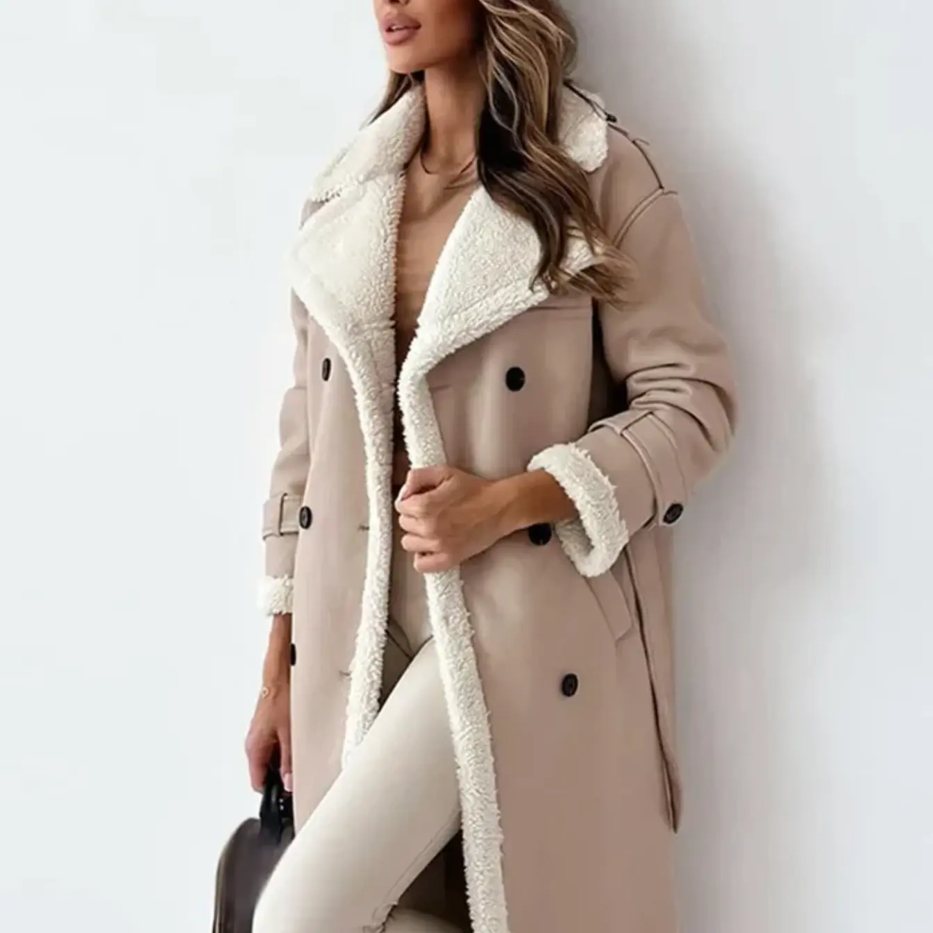 Krohn-e | Langshearling Gefütterter Trenchcoat Schicker Doppelreiher Wintermantel