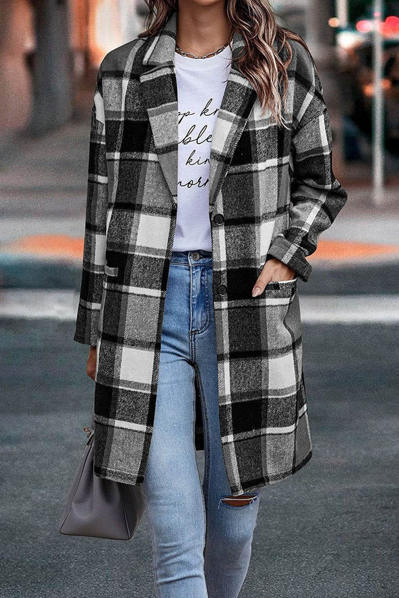 Krohn-e | Mantel - Oversized Fit - Wolle - Karomuster - Mit Knöpfen und Taschen