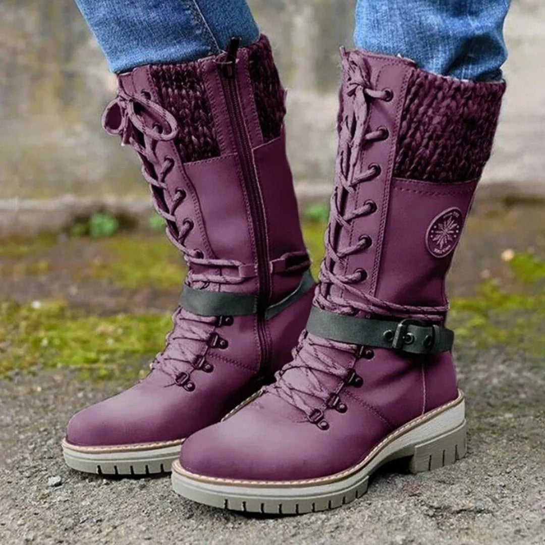 Krohn-e | Knielange Stiefel – Schnürung – Wollstrickbund – Seitenreißverschluss – Schnallenriemen
