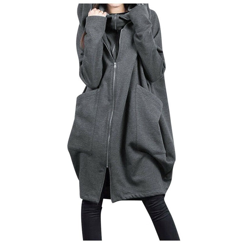 Krohn-e | Mittellanger Mantel - Oversized Fit - Kapuze - Reißverschluss - Weicher Woll-Look